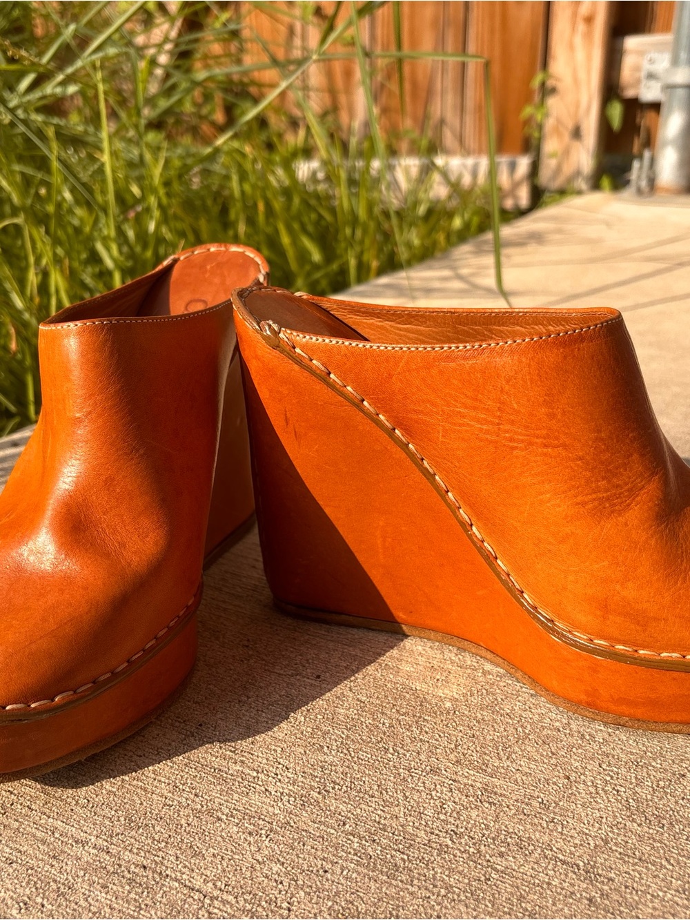 Chloe Orange Leather Wedge Mules